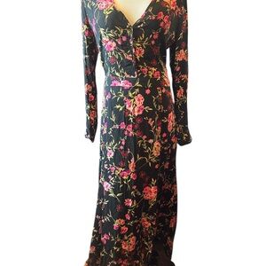 Floral V-Neck Open Back Long Sleeve Maxi Dress Black Pink Orange Boho
